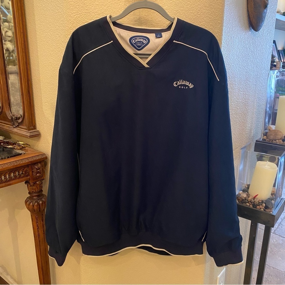 Callaway Men Navy Golf V-Neck Embroidery Windbreaker Pullover Size XL